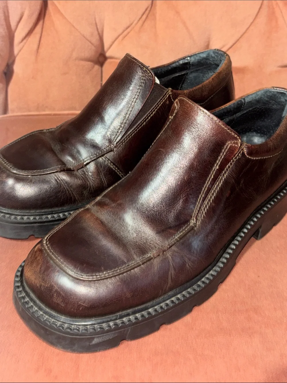 Aldo chunky lug sole burgundy brown leather loafer slip on punk grunge shoe 41